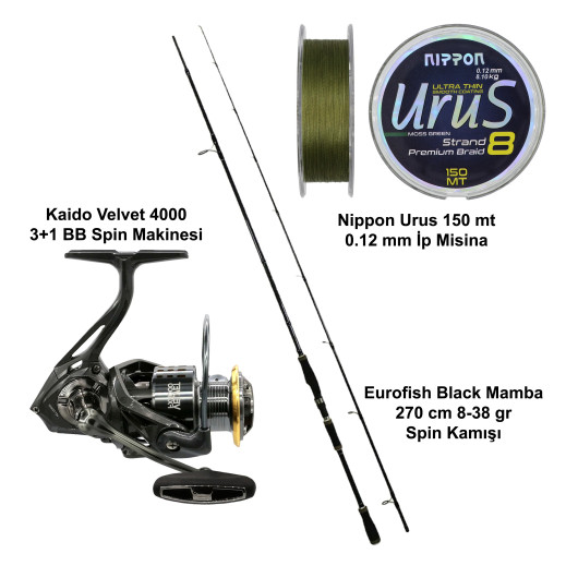 Eurofish Black Mamba 270 cm 8-38 gr + Kaido Velvet 4000 Spin Olta Seti Eurofish Black Mamba 270 cm 8-38 gr + Kaido Velvet 4000 Spin Olta Seti