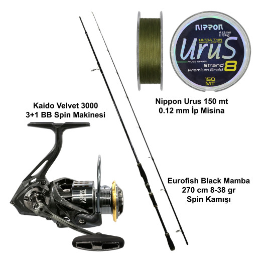 Eurofish Black Mamba 270 cm 8-38 gr + Kaido Velvet 3000 Spin Olta Seti Eurofish Black Mamba 270 cm 8-38 gr + Kaido Velvet 3000 Spin Olta Seti